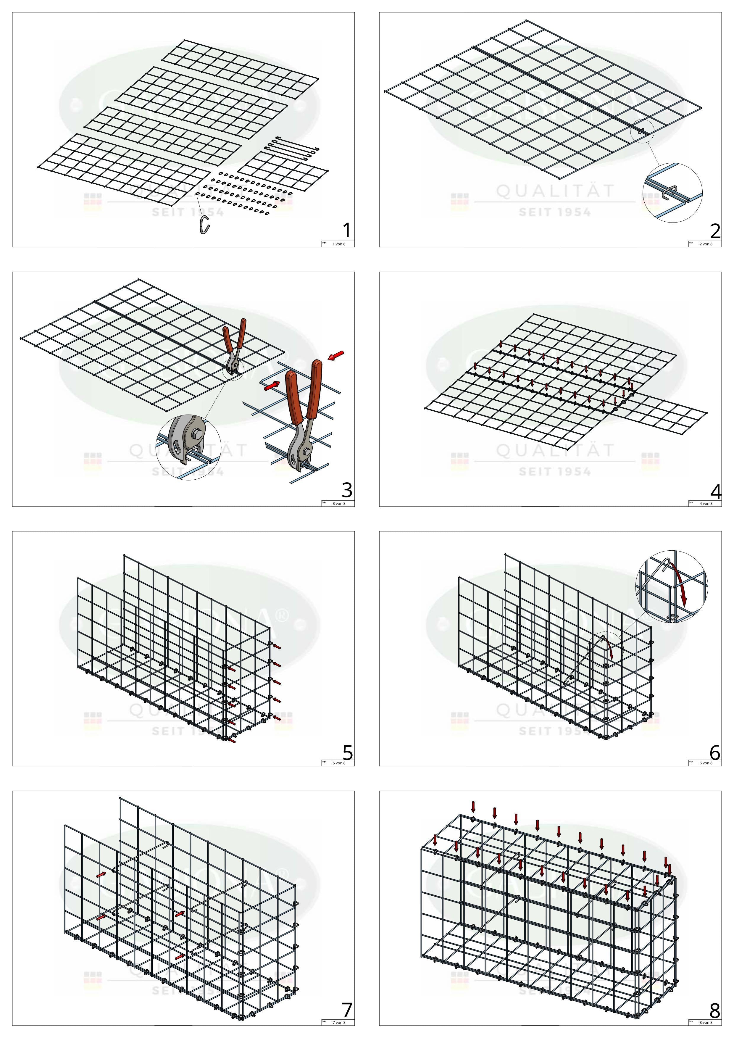 Mounted gabion type 2 100 cm x 20 cm x 20 cm (L x H x D), mesh size 10 cm x 10 cm, C-ring